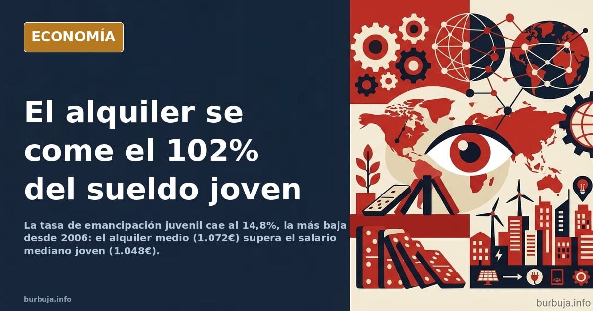 Ilustración editorial de una persona joven trabajando frente a un ordenador en una habitación pequeña de casa familiar