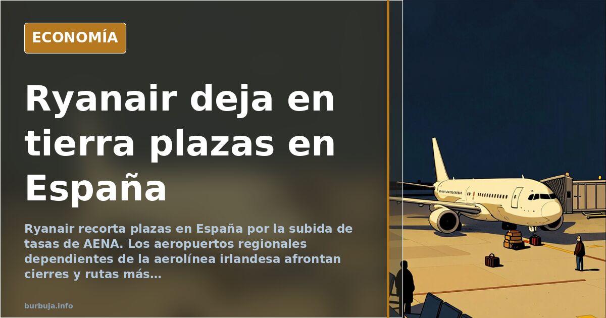 Ilustración editorial de un avión de Ryanair despegando de un aeropuerto regional español vacío con gráficos de tasas aeropor