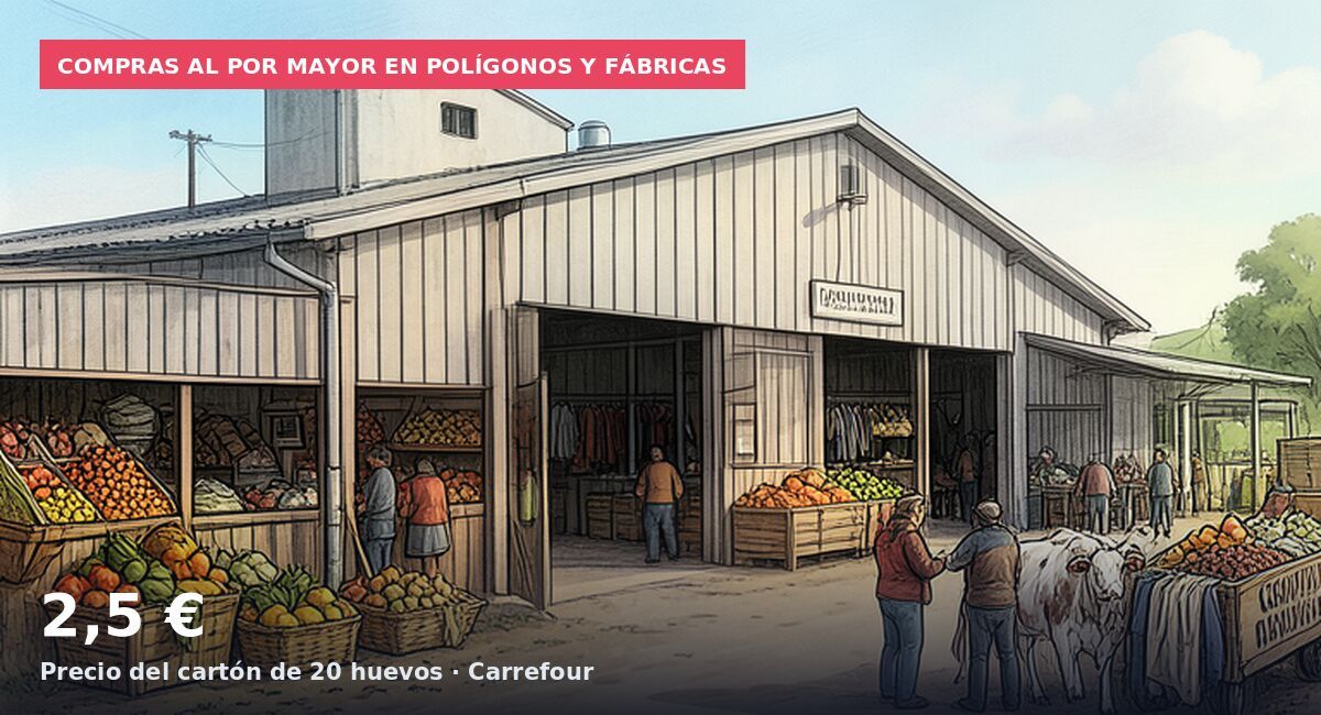 Compras al por mayor en polígonos y fábricas: 2,5 € Precio del cartón de 20 huevos · Carrefour