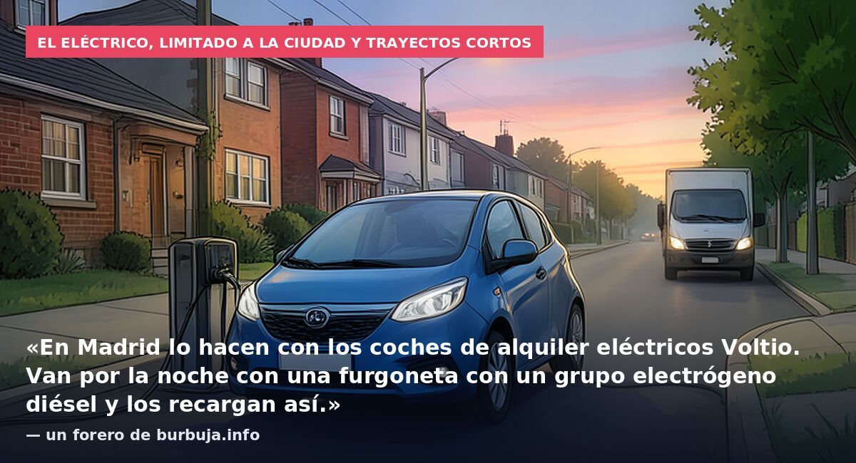 El eléctrico, limitado a la ciudad y trayectos cortos: «En Madrid lo hacen con los coches de alquiler eléctricos Voltio. Van por la noche con una furgoneta con un grupo electrógeno diésel y los recargan así.» — un forero de burbuja.info
