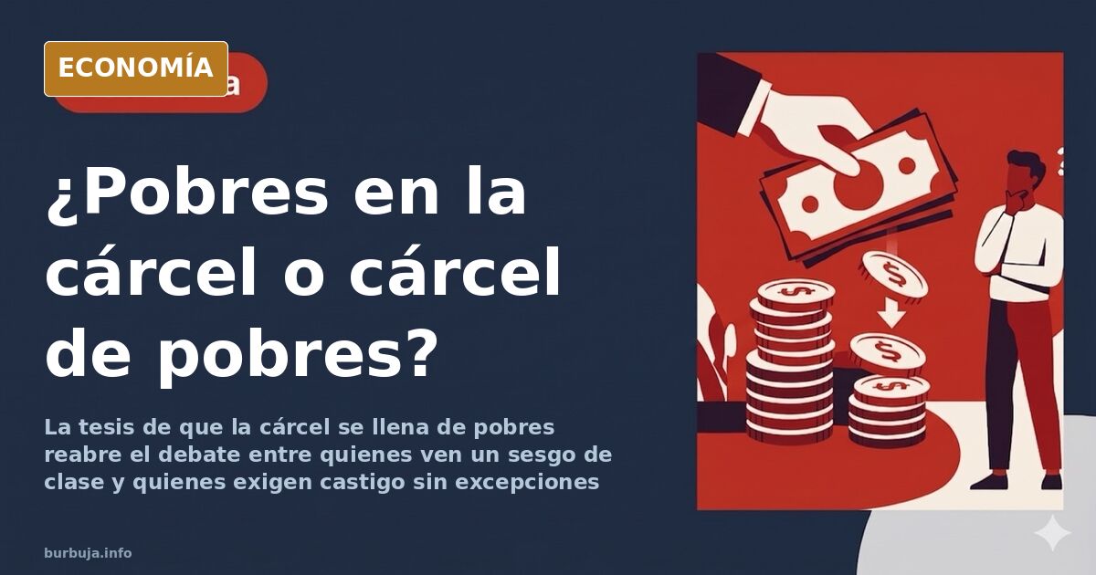 Ilustración editorial de una balanza de justicia inclinada sobre una celda de prisión, con billetes y esposas como contrapeso