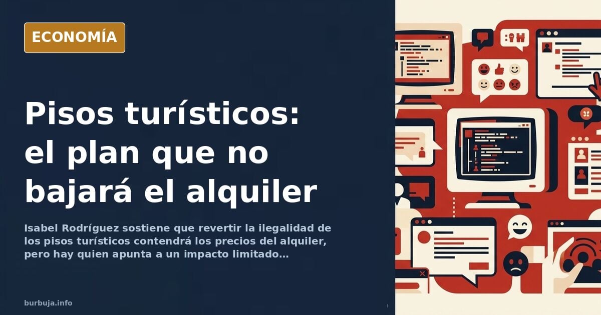 Ilustración editorial de un edificio de viviendas con pisos turísticos señalados y una lupa sobre el mercado de alquiler