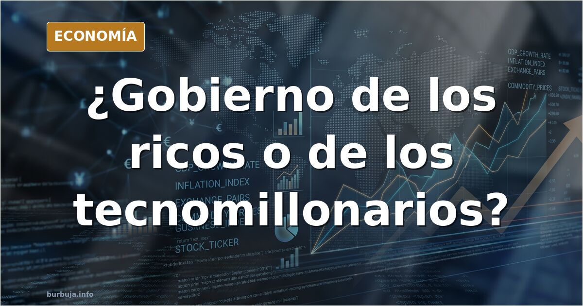 Ilustración editorial de un hombre trajeado sentado en un sillón de poder rodeado de gráficos bursátiles y símbolos de tecnol
