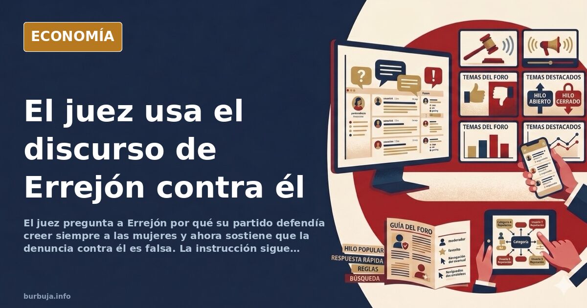 Ilustración editorial de una sala judicial con un juez interrogando a un acusado en el caso Errejón Mouliaá