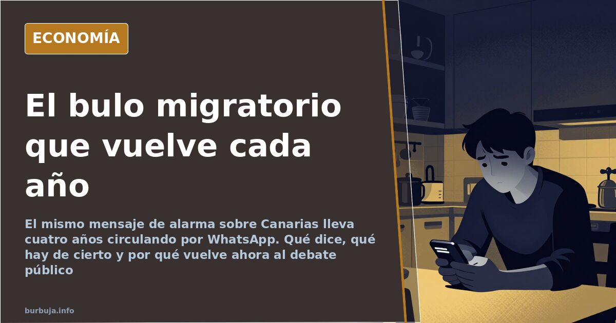 Ilustración editorial de un teléfono móvil mostrando una cadena de mensajes reenviados sobre inmigración en Canarias