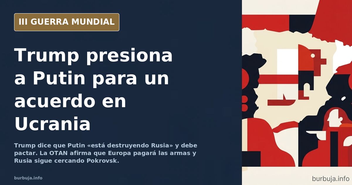 Silueta de dos líderes frente a un mapa de Ucrania con zonas en conflicto y columnas de humo al fondo