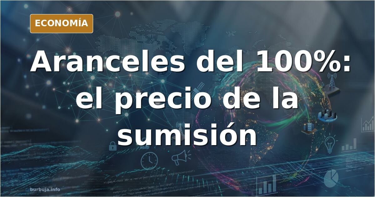 Ilustración editorial sobre aranceles del 100% a España y la paradoja política de la sumisión comercial