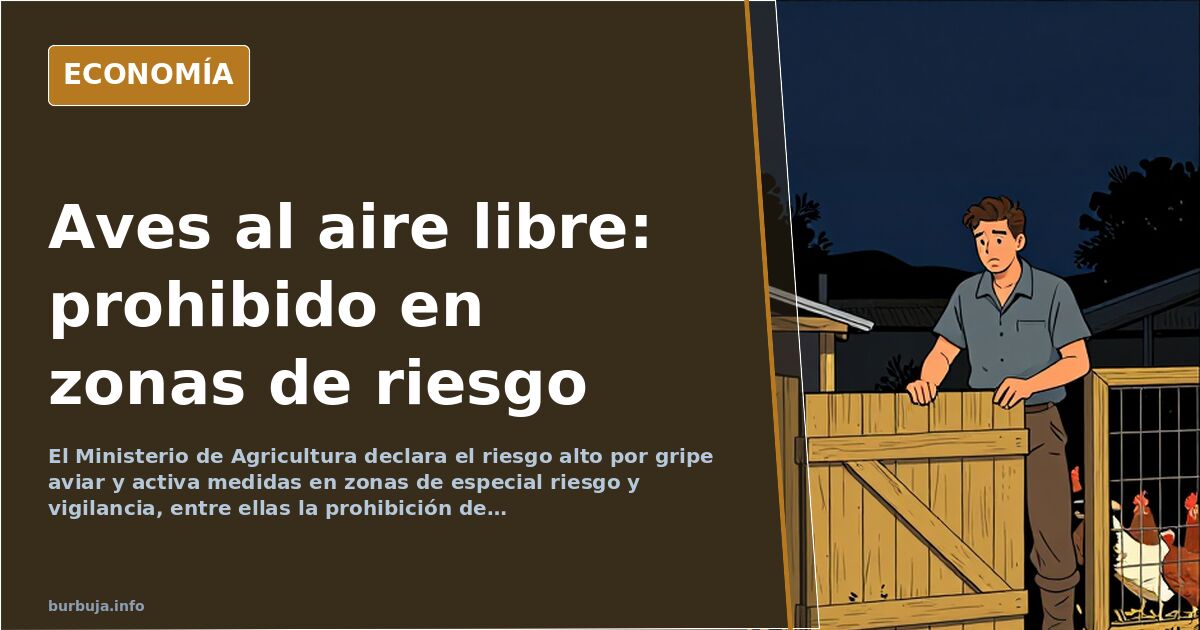 Gallinero rural con aves al aire libre y una red de protección, en ilustración editorial sobre la prohibición por gripe aviar