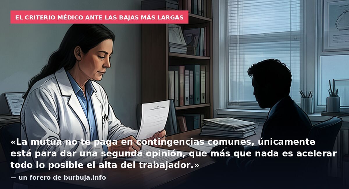 El criterio médico ante las bajas más largas: «La mutua no te paga en contingencias comunes, únicamente está para dar una segunda opinión, que más que nada es acelerar todo lo posible el alta del trabajador.» — un forero de burbuja.info