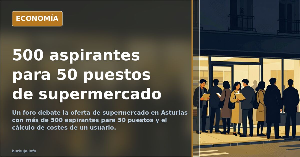 Ilustración editorial de una multitud de jóvenes esperando frente a un supermercado para conseguir uno de los 50 puestos de t