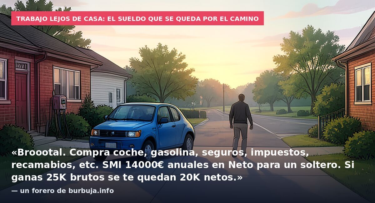 Trabajo lejos de casa: el sueldo que se queda por el camino: «Broootal. Compra coche, gasolina, seguros, impuestos, recamabios, etc. SMI 14000€ anuales en Neto para un soltero. Si ganas 25K brutos se te quedan 20K netos.» — un forero de burbuja.info