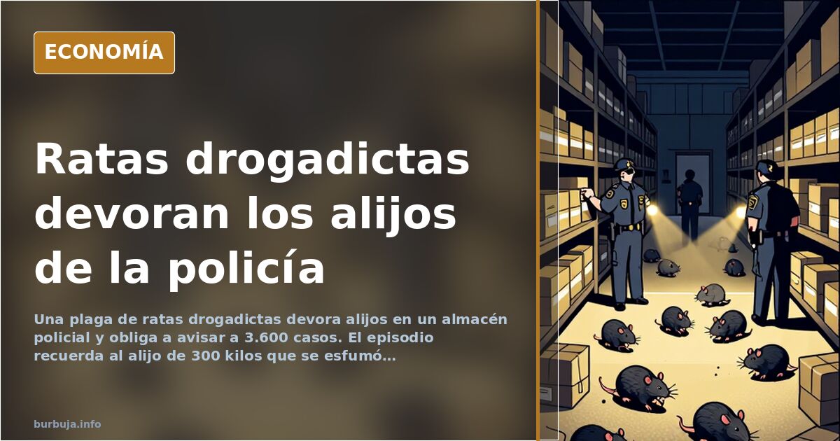 Ilustración editorial de ratas drogadictas royendo paquetes de droga incautada en un almacén policial