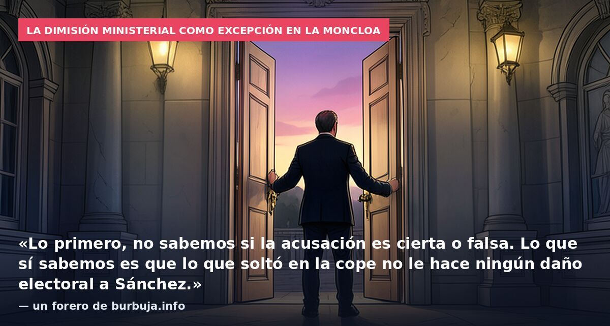 La dimisión ministerial como excepción en La Moncloa: «Lo primero, no sabemos si la acusación es cierta o falsa. Lo que sí sabemos es que lo que soltó en la cope no le hace ningún daño electoral a Sánchez.» — un forero de burbuja.info