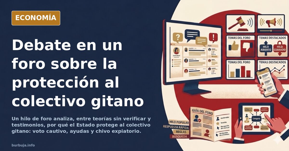Ilustración editorial sobre el debate en un foro acerca de la protección estatal al colectivo gitano, las ayudas públicas y e
