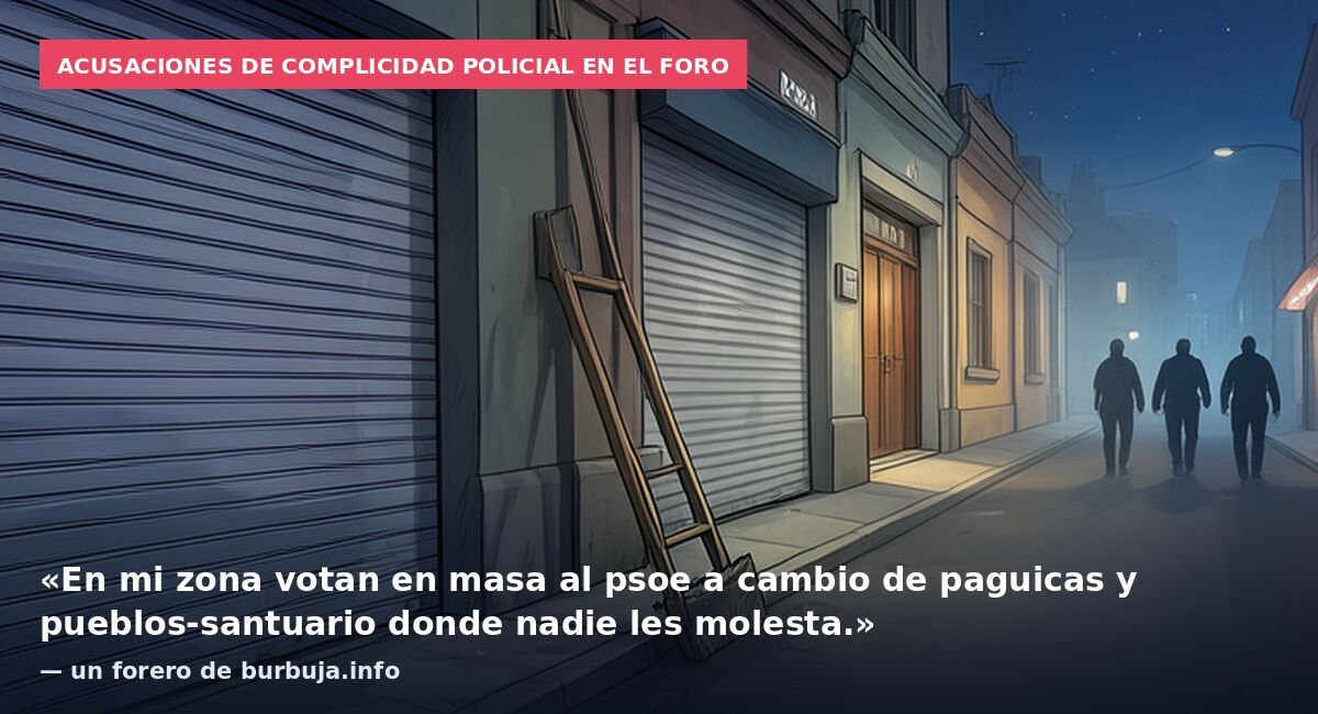 Acusaciones de complicidad policial en el foro: «En mi zona votan en masa al psoe a cambio de paguicas y pueblos-santuario donde nadie les molesta.» — un forero de burbuja.info