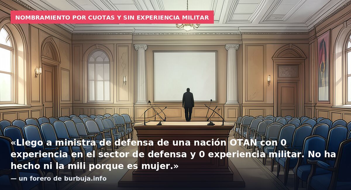Nombramiento por cuotas y sin experiencia militar: «Llego a ministra de defensa de una nación OTAN con 0 experiencia en el sector de defensa y 0 experiencia militar. No ha hecho ni la mili porque es mujer.» — un forero de burbuja.info