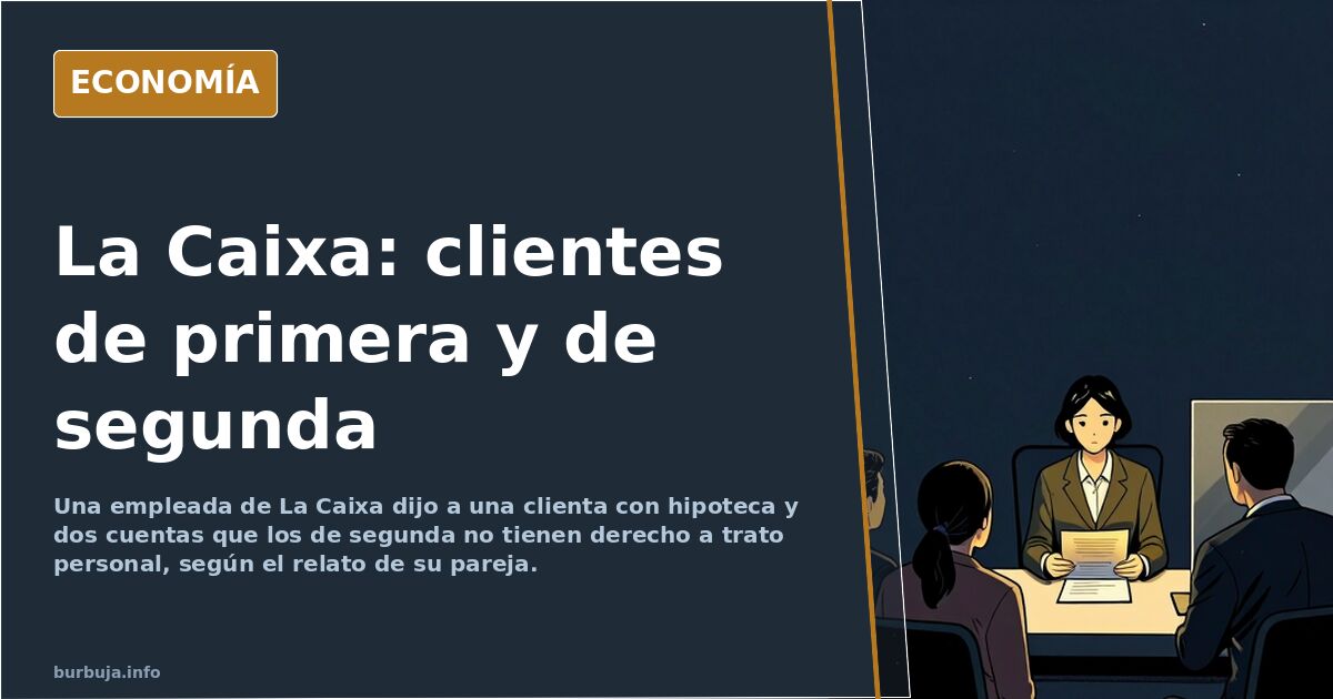 Ilustración editorial de una oficina bancaria con dos filas diferenciadas de clientes, una con gestor personal y otra esperan
