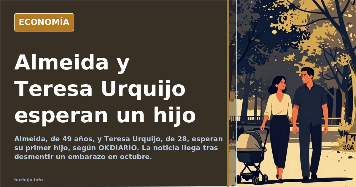 Ilustración editorial de una pareja política en un acto público con gesto de anuncio familiar