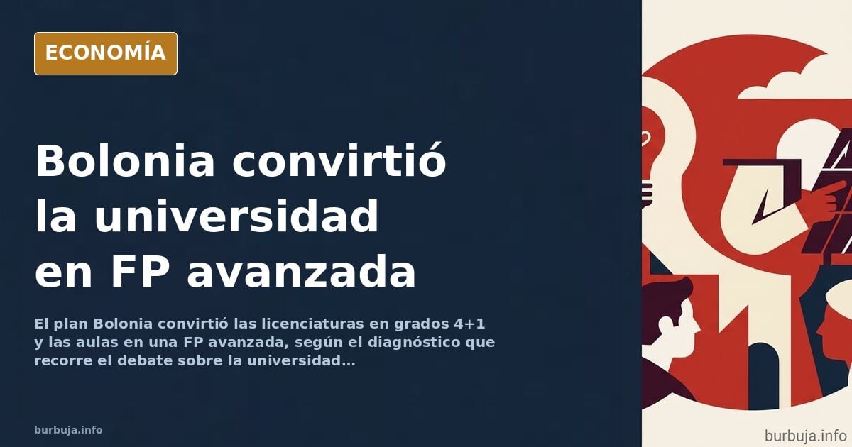 Ilustración editorial de un aula universitaria vacía con títulos colgados en la pared y un engranaje dorado sobre fondo azul 