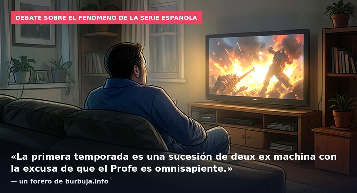 Debate sobre el fenómeno de la serie española: «La primera temporada es una sucesión de deux ex machina con la excusa de que el Profe es omnisapiente.» — un forero de burbuja.info