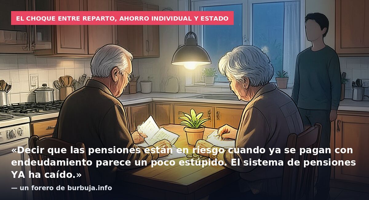 El choque entre reparto, ahorro individual y Estado: «Decir que las pensiones están en riesgo cuando ya se pagan con endeudamiento parece un poco estúpido. El sistema de pensiones YA ha caído.» — un forero de burbuja.info