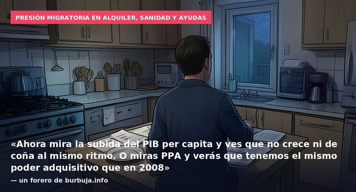 Presión migratoria en alquiler, sanidad y ayudas: «Ahora mira la subida del PIB per capita y ves que no crece ni de coña al mismo ritmo. O miras PPA y verás que tenemos el mismo poder adquisitivo que en 2008» — un forero de burbuja.info