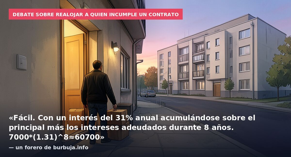 Debate sobre realojar a quien incumple un contrato: «Fácil. Con un interés del 31% anual acumulándose sobre el principal más los intereses adeudados durante 8 años. 7000*(1.31)^8≈60700» — un forero de burbuja.info