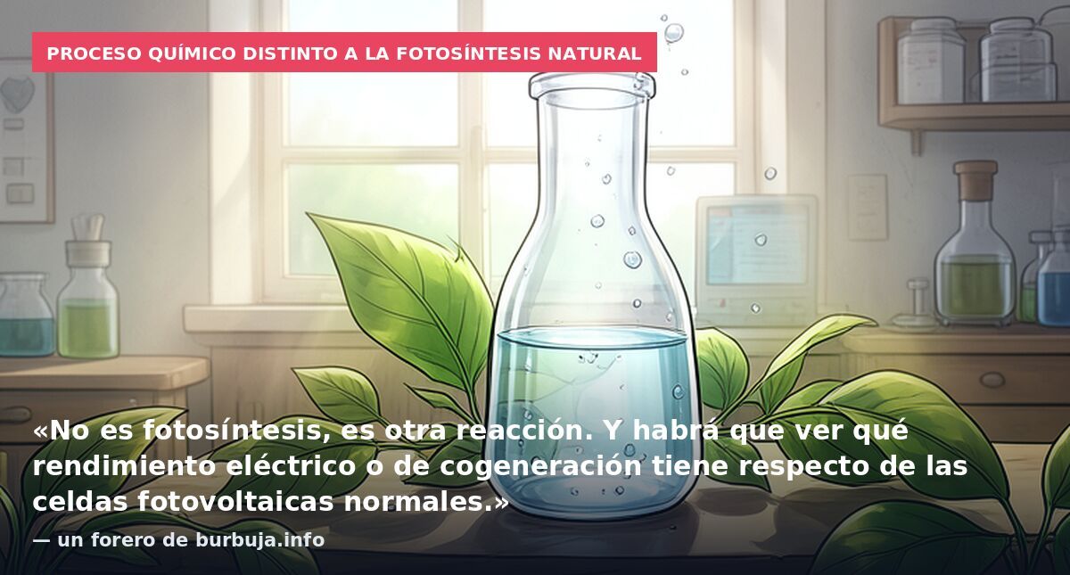Proceso químico distinto a la fotosíntesis natural: «No es fotosíntesis, es otra reacción. Y habrá que ver qué rendimiento eléctrico o de cogeneración tiene respecto de las celdas fotovoltaicas normales.» — un forero de burbuja.info