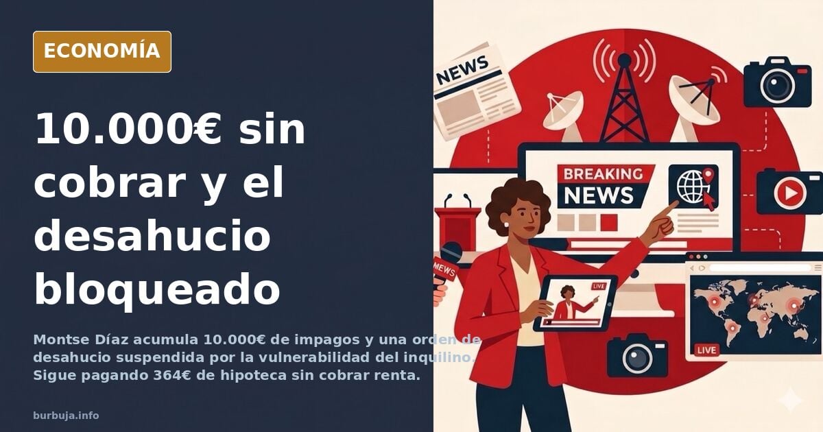 Ilustración editorial de un edificio de viviendas con una puerta entreabierta y documentos judiciales sobre una mesa, simboli