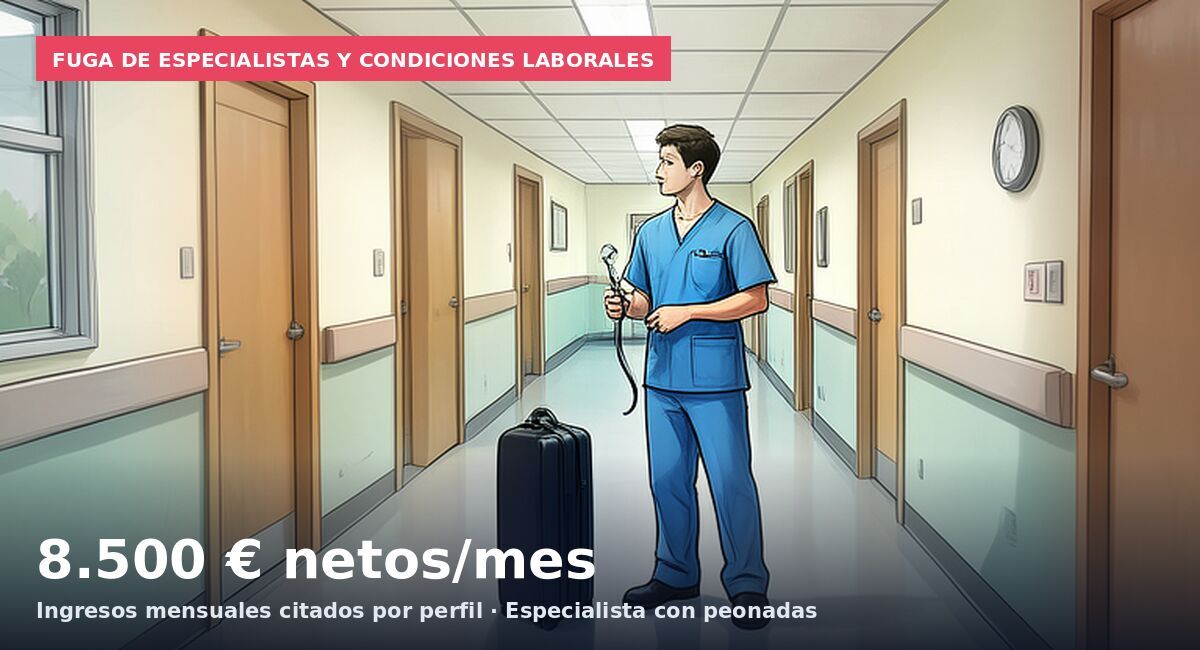 Fuga de especialistas y condiciones laborales: 8.500 € netos/mes Ingresos mensuales citados por perfil · Especialista con peonadas