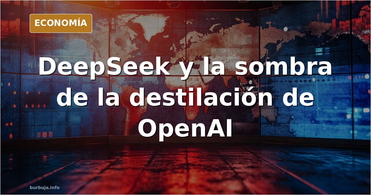 Ilustración editorial de un modelo de inteligencia artificial pequeño copiando las respuestas de otro mayor, con la sombra de