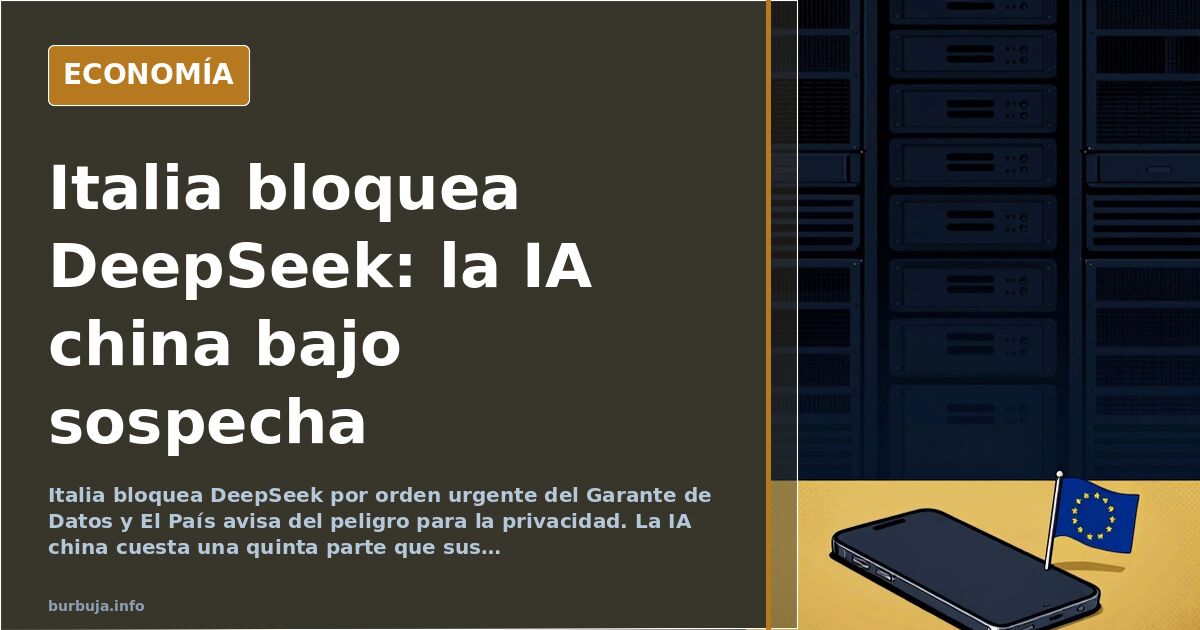 Ilustración editorial de una balanza inclinada entre un móvil con la app DeepSeek y un escudo europeo, en tonos azul marino y
