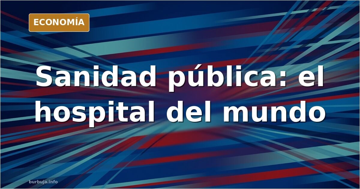 Ilustración editorial de un hospital español con una cola de pacientes de diversas procedencias esperando atención sanitaria 