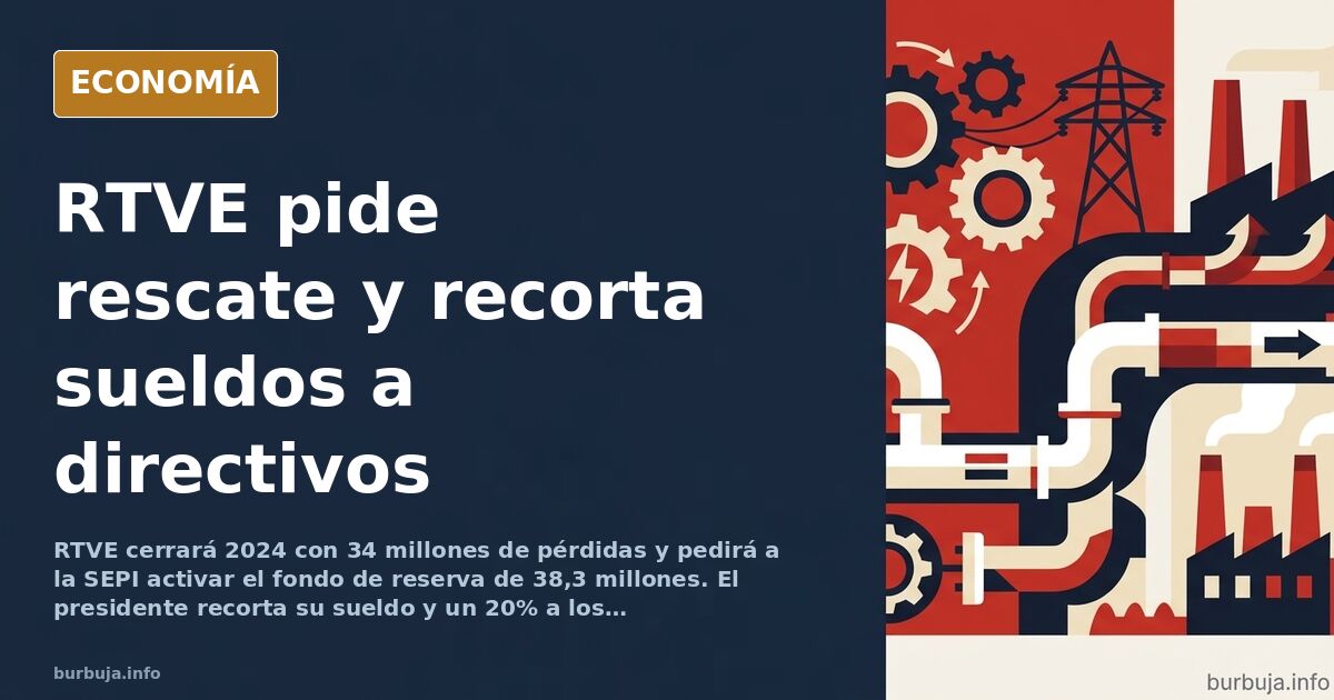 Sede de RTVE con gráfico descendente de pérdidas y fondo de reserva estatal en tonos azul marino y dorado