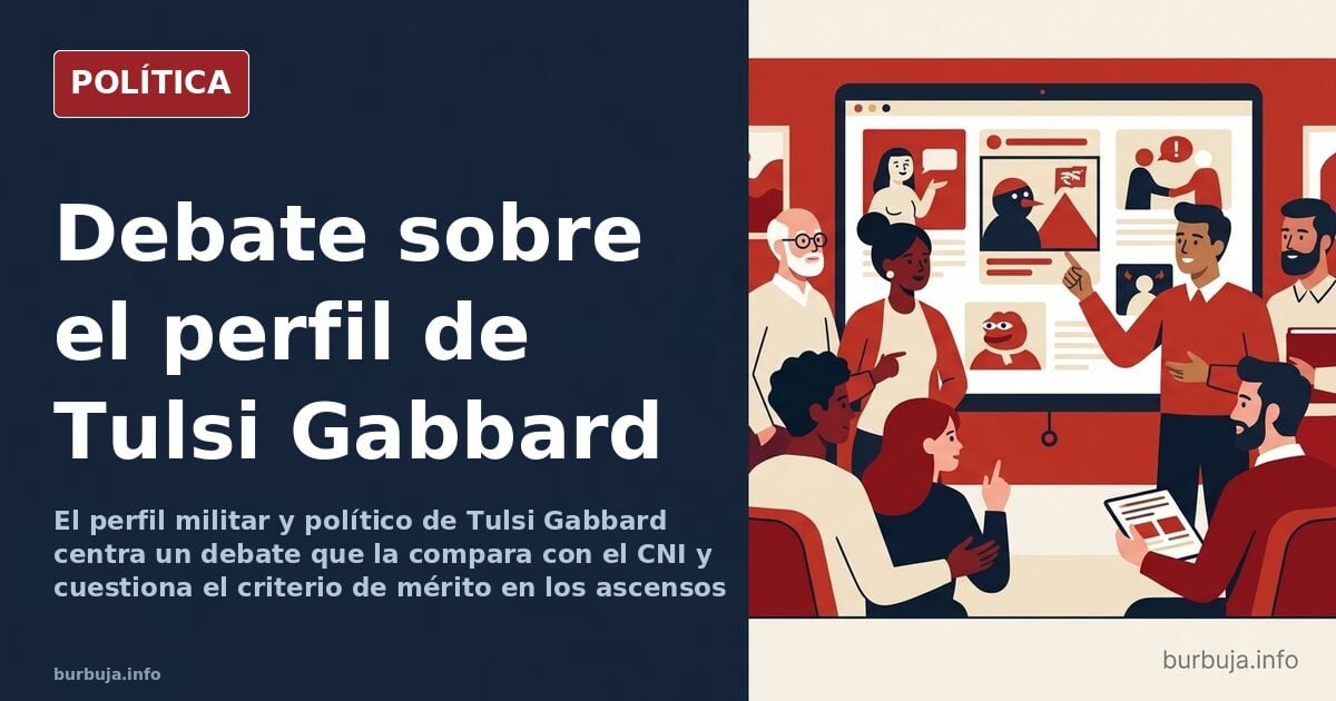 Ilustración editorial de Tulsi Gabbard ante un atril con banderas de Estados Unidos y un emblema de inteligencia