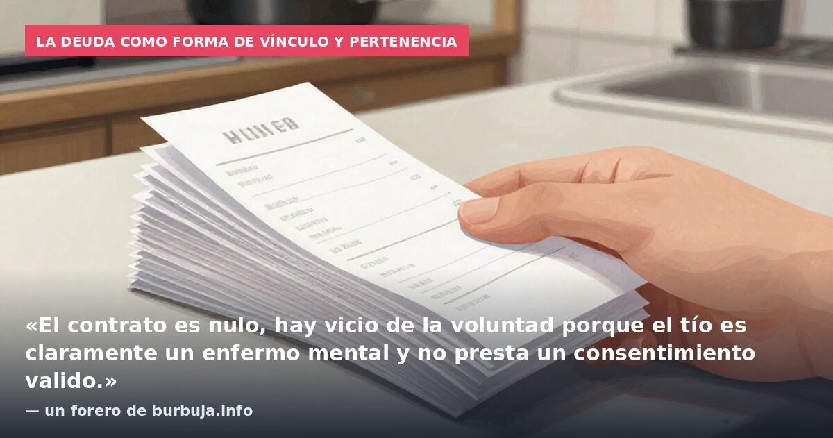 La deuda como forma de vínculo y pertenencia: «El contrato es nulo, hay vicio de la voluntad porque el tío es claramente un enfermo mental y no presta un consentimiento valido.» — un forero de burbuja.info