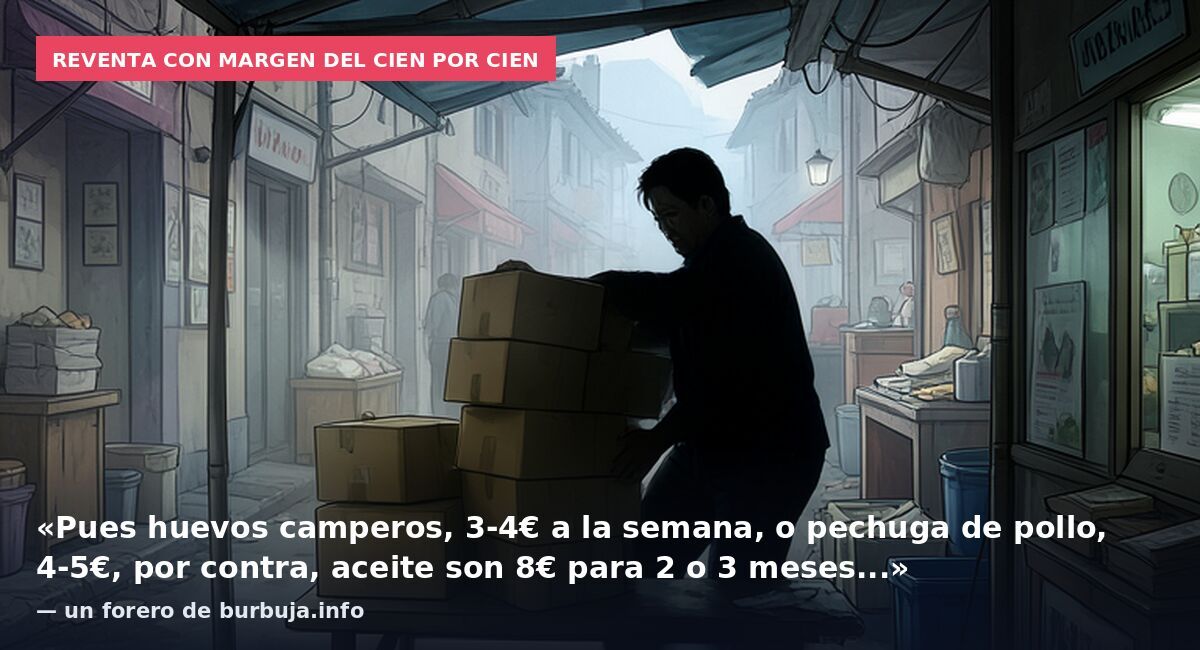 Reventa con margen del cien por cien: «Pues huevos camperos, 3-4€ a la semana, o pechuga de pollo, 4-5€, por contra, aceite son 8€ para 2 o 3 meses...» — un forero de burbuja.info
