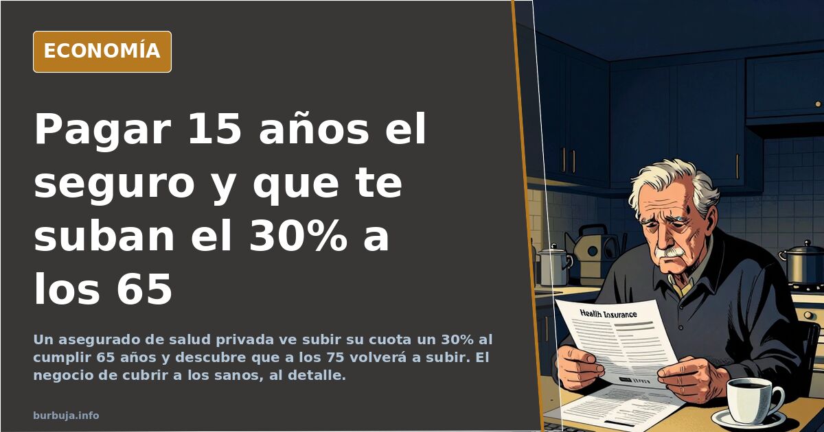 Ilustración editorial de un contrato de seguro médico privado con una cuota que sube al envejecer el asegurado
