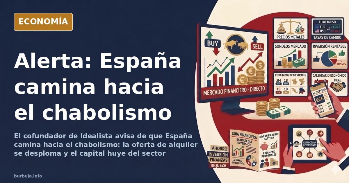 Ilustración editorial de viviendas precarias y edificios en una ciudad española bajo un cielo oscuro, reflejando la crisis de