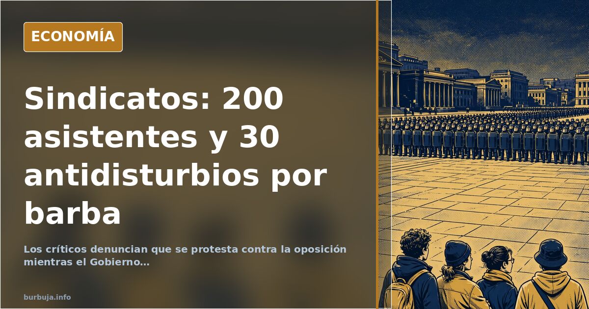 Ilustración editorial de una plaza vacía con pocos manifestantes y un gran despliegue policial, simbolizando el fracaso sindi
