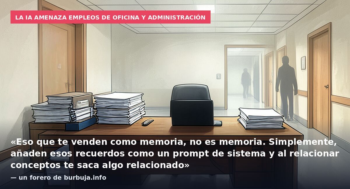 La IA amenaza empleos de oficina y administración: «Eso que te venden como memoria, no es memoria. Simplemente, añaden esos recuerdos como un prompt de sistema y al relacionar conceptos te saca algo relacionado» — un forero de burbuja.info