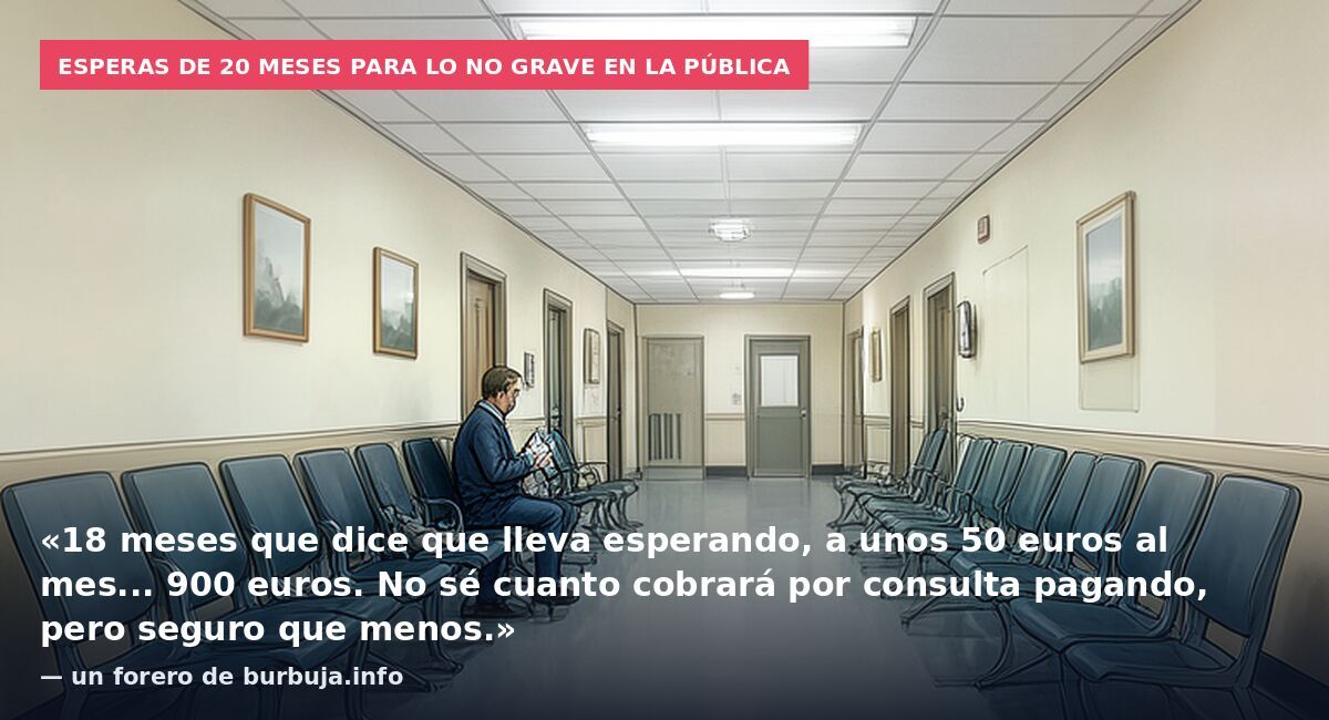 Esperas de 20 meses para lo no grave en la pública: «18 meses que dice que lleva esperando, a unos 50 euros al mes... 900 euros. No sé cuanto cobrará por consulta pagando, pero seguro que menos.» — un forero de burbuja.info