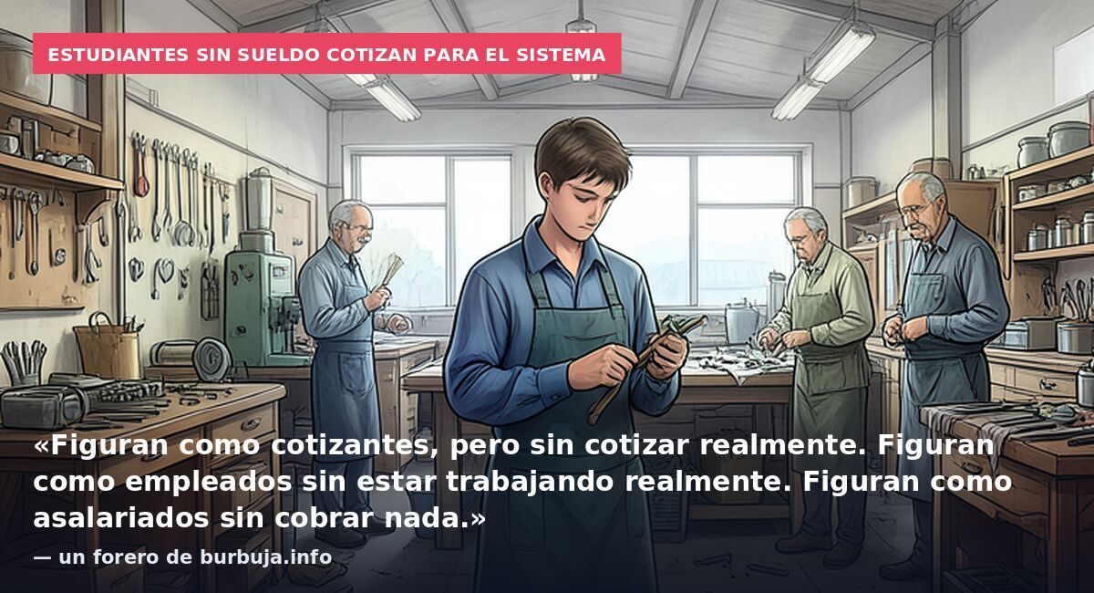 Estudiantes sin sueldo cotizan para el sistema: «Figuran como cotizantes, pero sin cotizar realmente. Figuran como empleados sin estar trabajando realmente. Figuran como asalariados sin cobrar nada.» — un forero de burbuja.info
