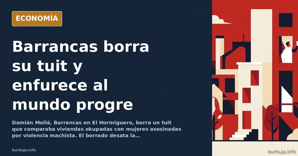 Ilustración editorial de un tuit borrado sobre okupación y violencia machista en tonos azul marino y dorado