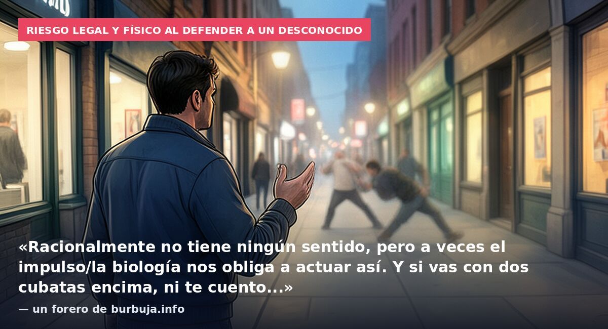 Riesgo legal y físico al defender a un desconocido: «Racionalmente no tiene ningún sentido, pero a veces el impulso/la biología nos obliga a actuar así. Y si vas con dos cubatas encima, ni te cuento...» — un forero de burbuja.info