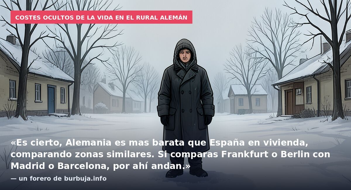 Costes ocultos de la vida en el rural alemán: «Es cierto, Alemania es mas barata que España en vivienda, comparando zonas similares. Si comparas Frankfurt o Berlin con Madrid o Barcelona, por ahí andan.» — un forero de burbuja.info
