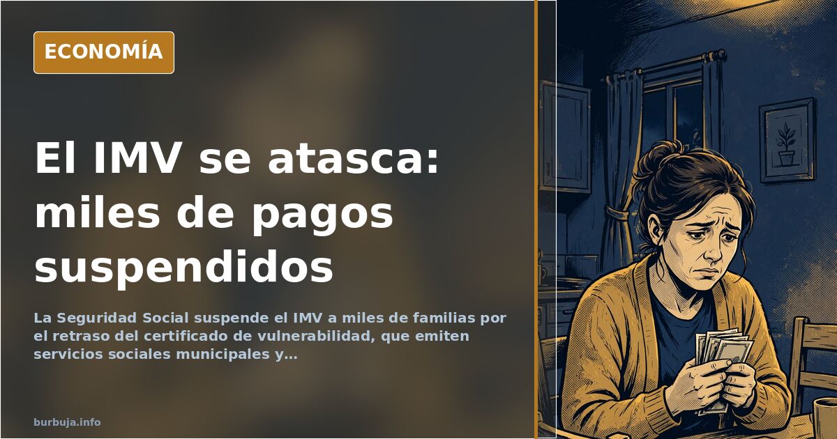 Ilustración editorial de un certificado de vulnerabilidad bloqueando el pago del ingreso mínimo vital a una familia