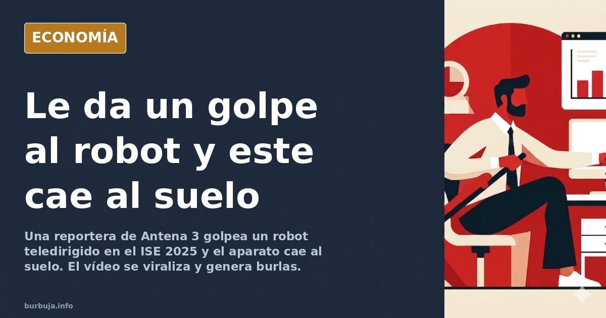 Reportera de televisión con micrófono junto a un robot humanoide en una feria tecnológica, momentos antes de golpearlo