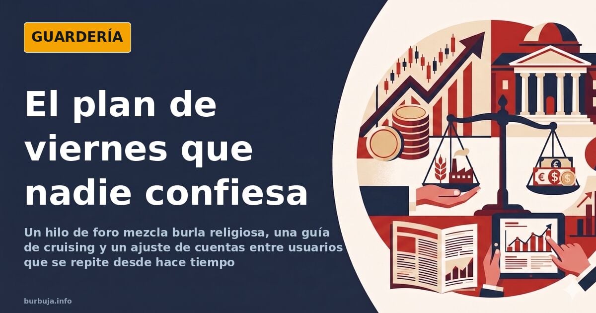 Ilustración de un grupo de hombres discutiendo en una plaza con una iglesia al fondo y el mar al lado