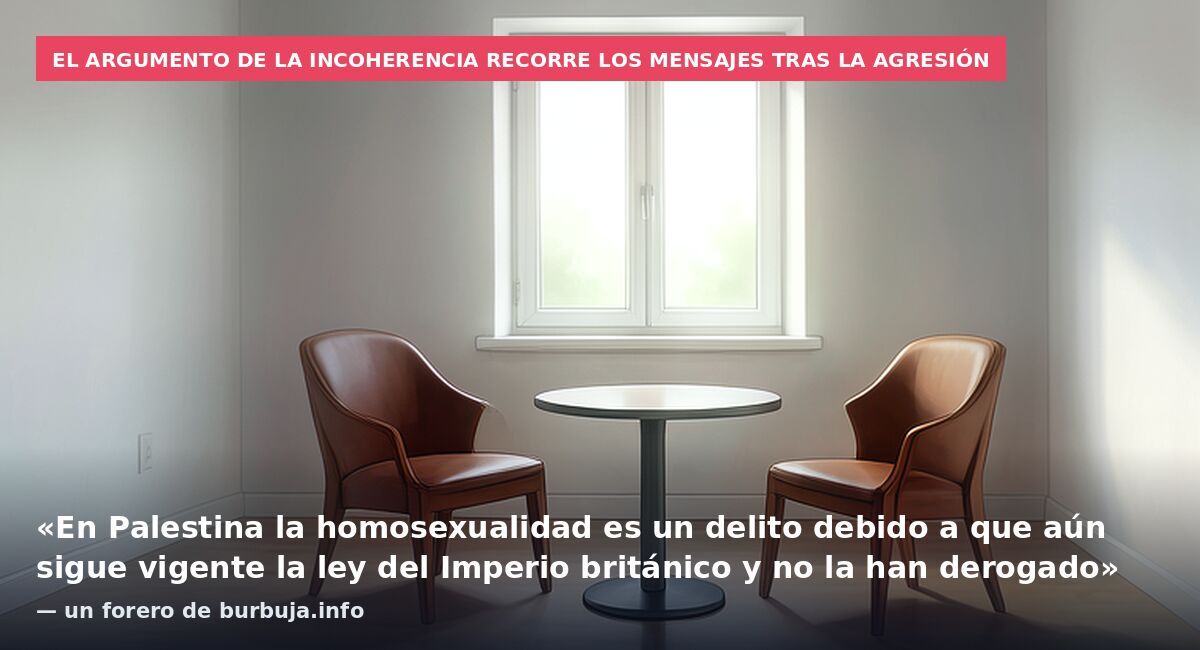 El argumento de la incoherencia recorre los mensajes tras la agresión: «En Palestina la homosexualidad es un delito debido a que aún sigue vigente la ley del Imperio británico y no la han derogado» — un forero de burbuja.info